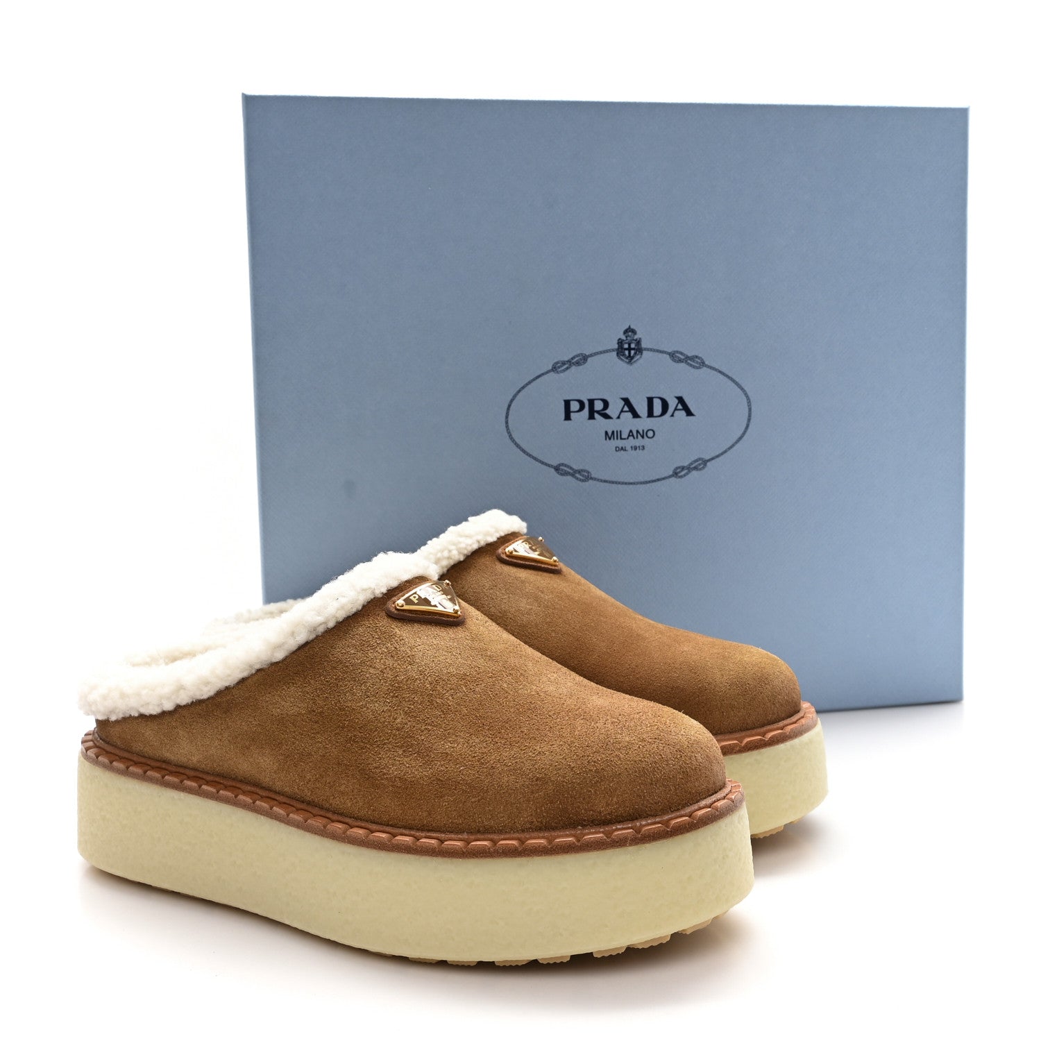 Prada Shearling Suede Scamosciato Delave Winter Mules 38.5 Cannella 9 of 9