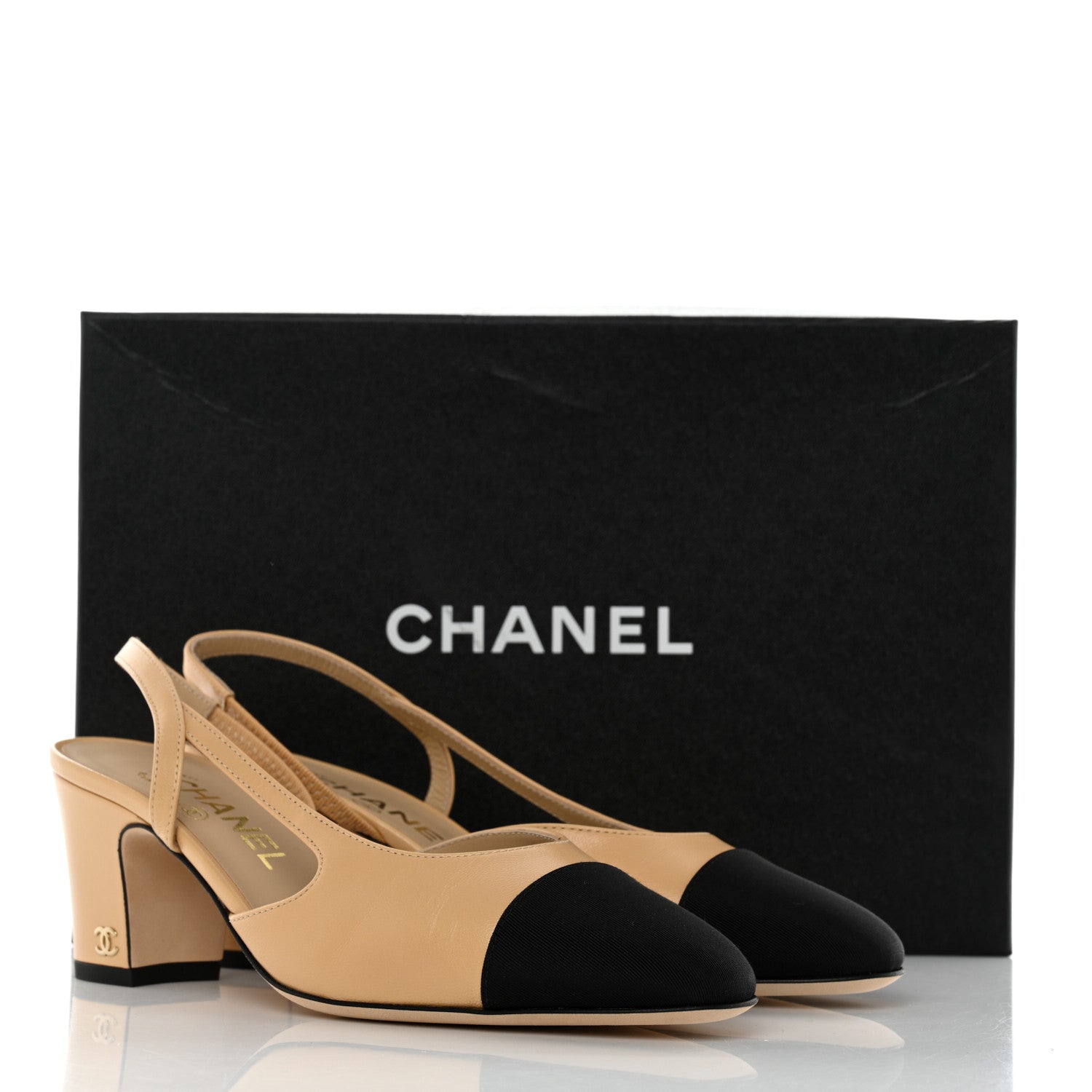 Chanel Goatskin Grosgrain Cap Toe CC Slingback Pumps 36.5 Beige Black 9 of 9