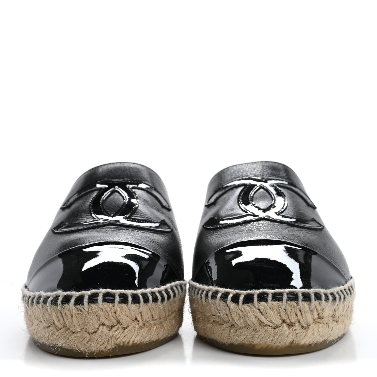 Iridescent Goatskin Patent CC Espadrille Mules 38 Black