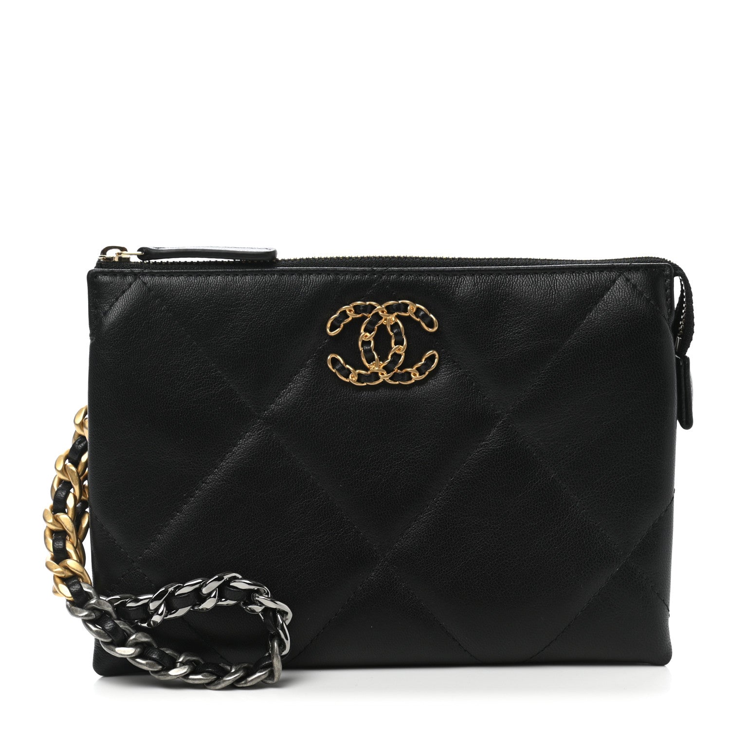 Chanel Shiny Goatskin Quilted Small Chanel 19 Pouch With Handle Black 1 of 7