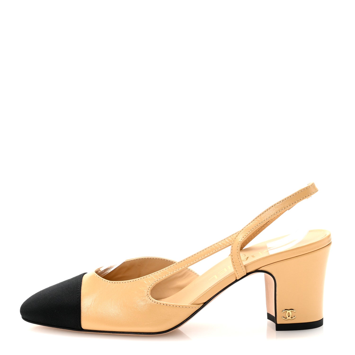 Chanel Goatskin Grosgrain Cap Toe CC Slingback Pumps 37.5 Beige Black 1 of 9