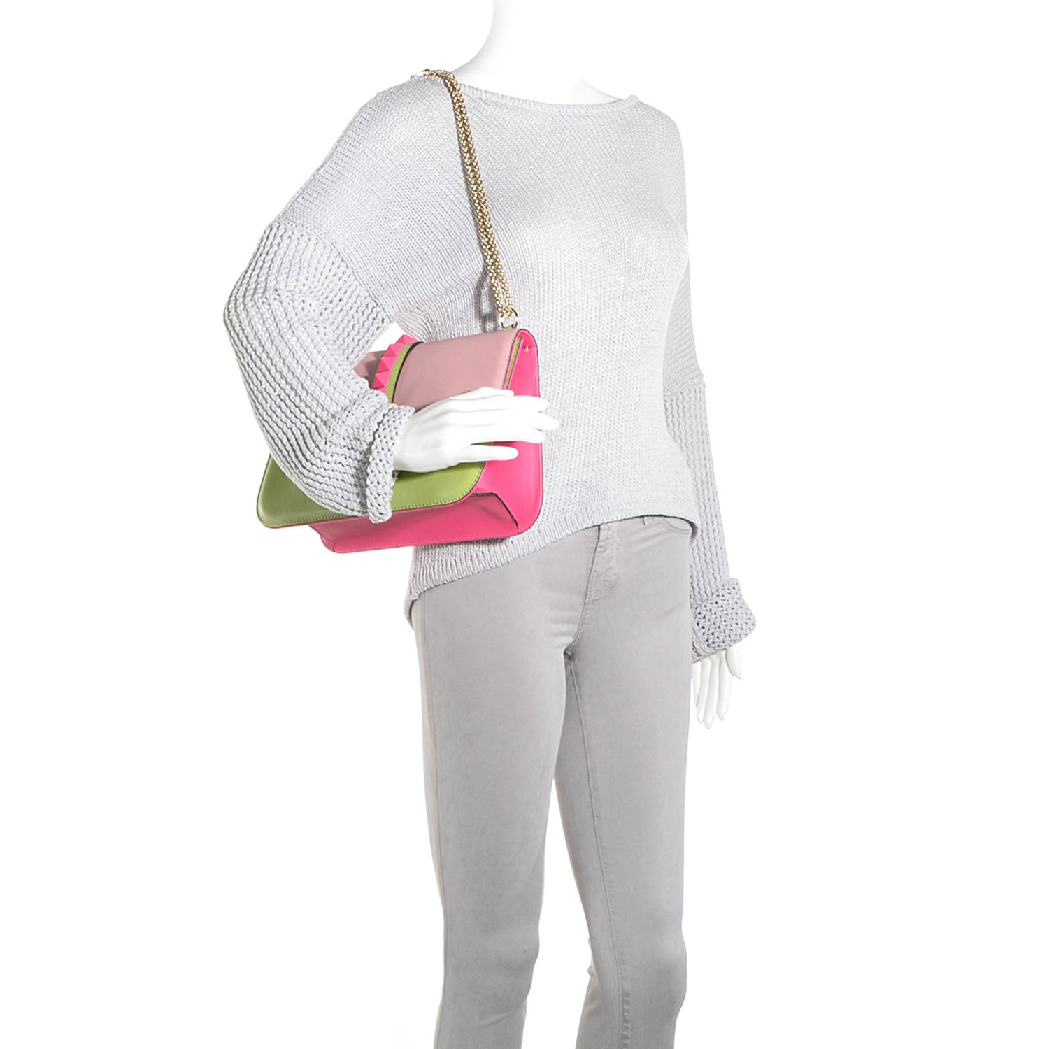 Valentino Garavani Vitello Tri-Color Large Glam Lock Rockstud Flap Pop Gardenia Pop Apple Pop Fuxia 2 of 8