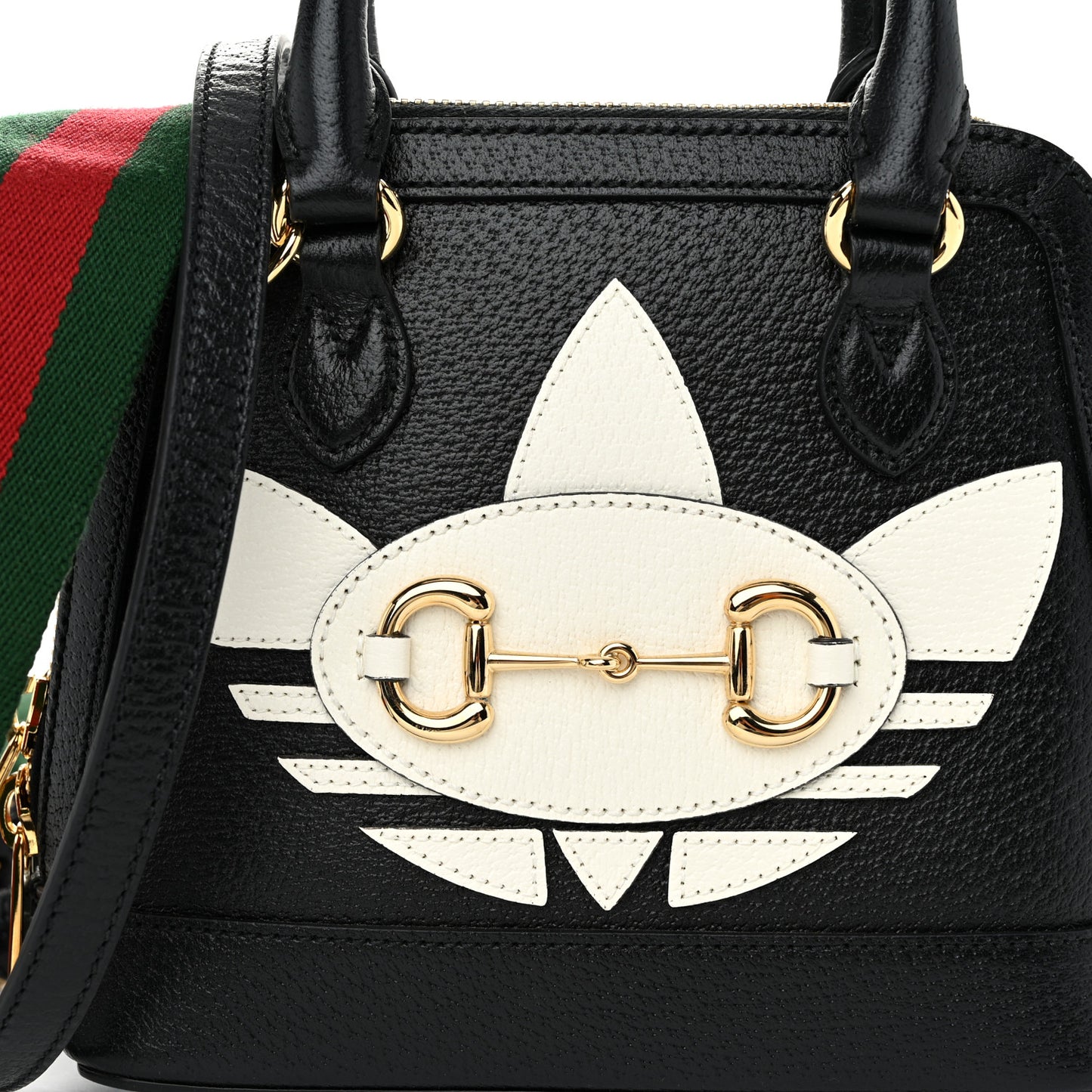 X ADIDAS Textured Dollar Calfskin Web Trefoil Mini Horsebit 1955 Top Handle Bag Black Off White