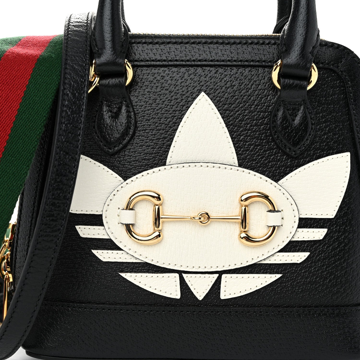 Gucci X ADIDAS Textured Dollar Calfskin Web Trefoil Mini Horsebit 1955 Top Handle Bag Black Off White 8 of 11
