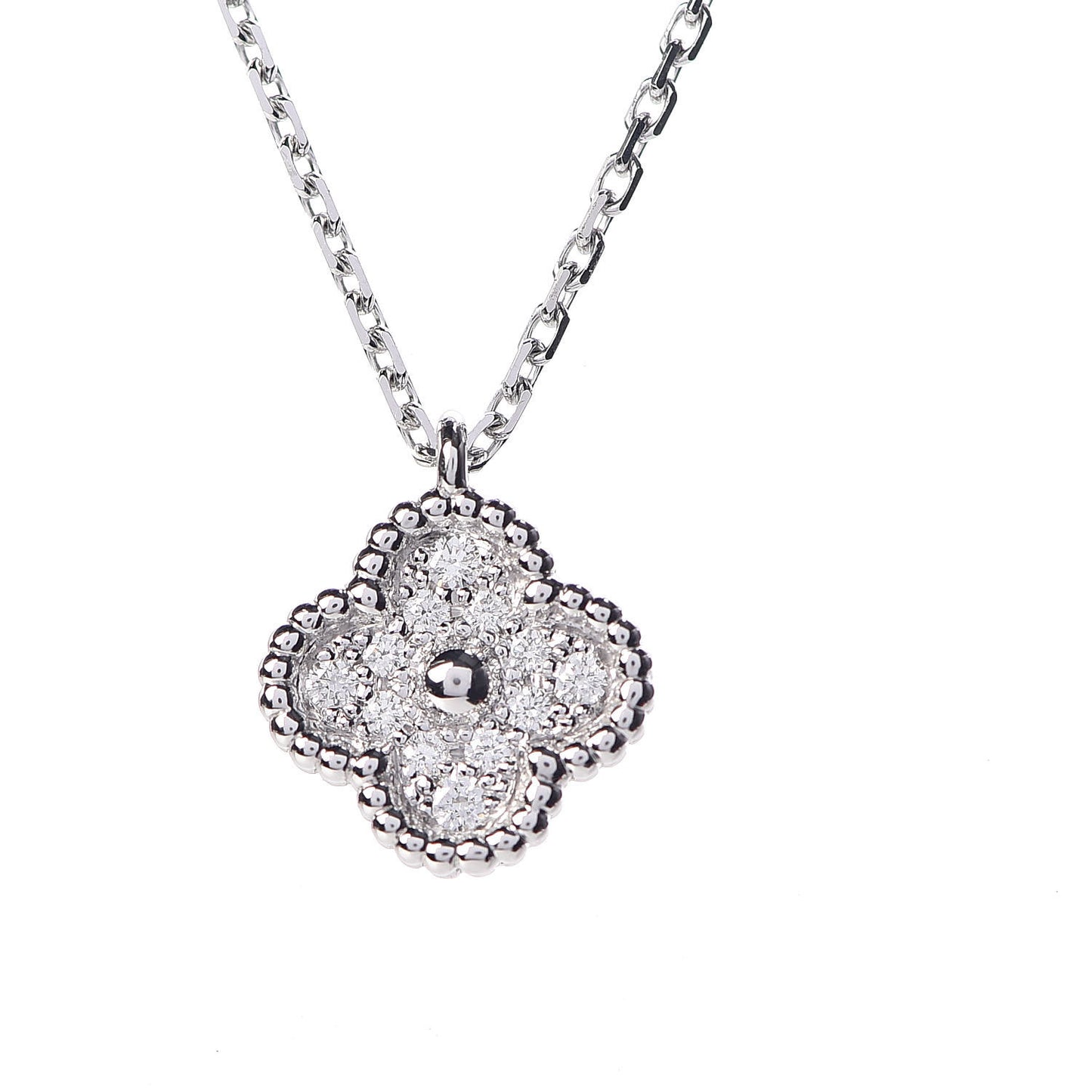18K White Gold Diamond Sweet Alhambra Pendant Necklace