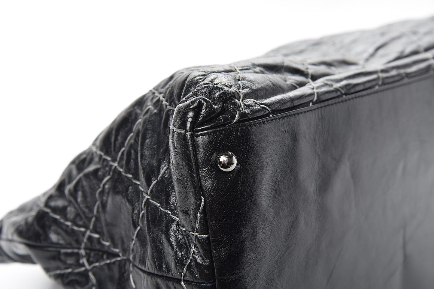 Glazed Goatskin Double Contrast Stitch Tote Black