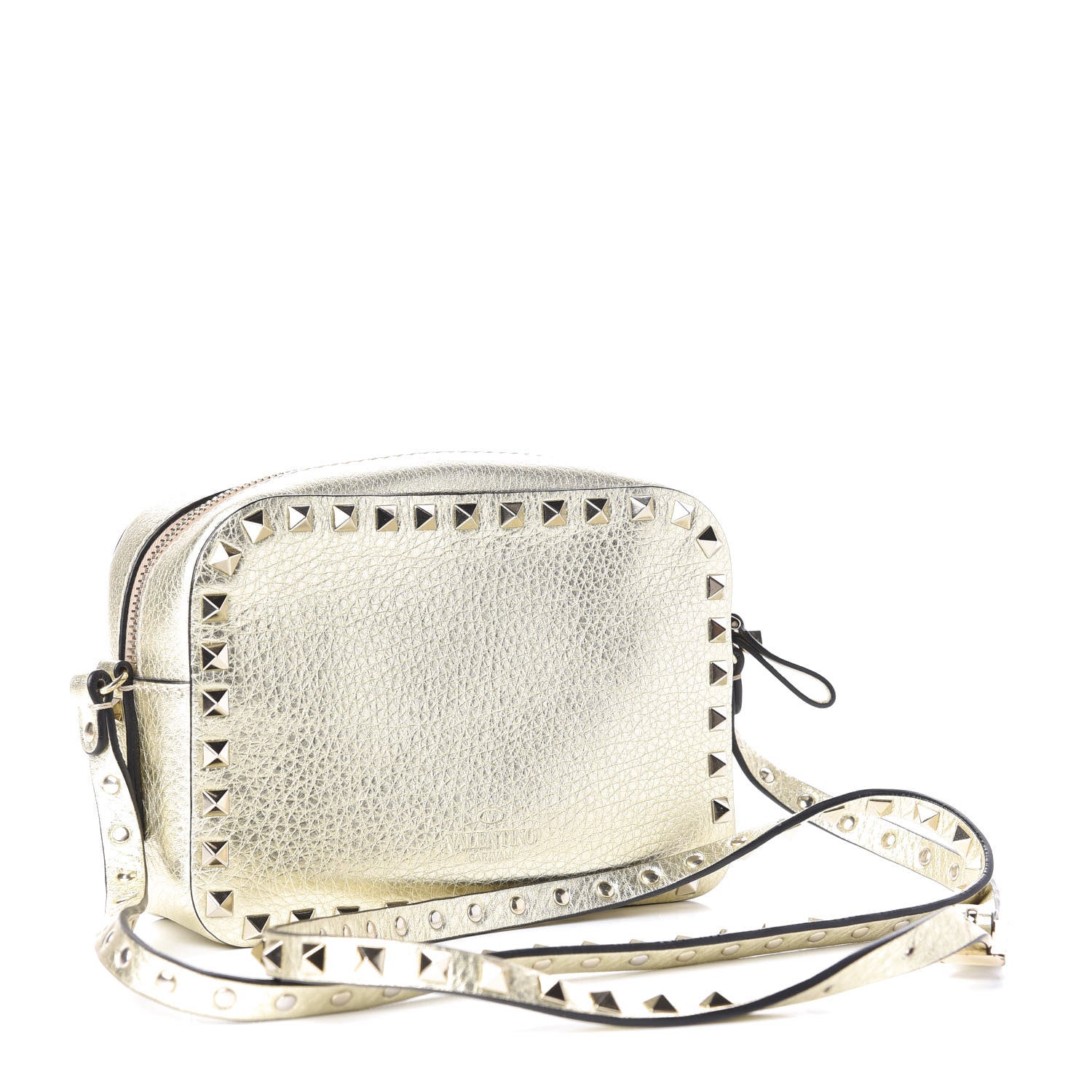 Valentino Garavani Metallic Pebbled Calfskin Rockstud Camera Crossbody Bag Platino 3 of 10