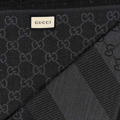 Gucci Wool Silk Monogram GGWeb Fringe Shawl Black Medium Grey 2 of 3