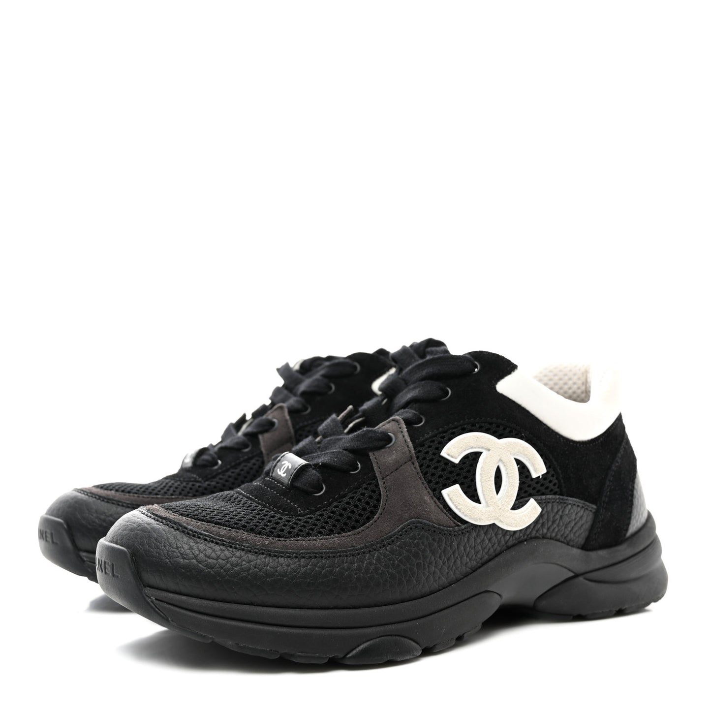 Mesh Suede Grained Calfskin Womens CC Sneakers 38 Black White