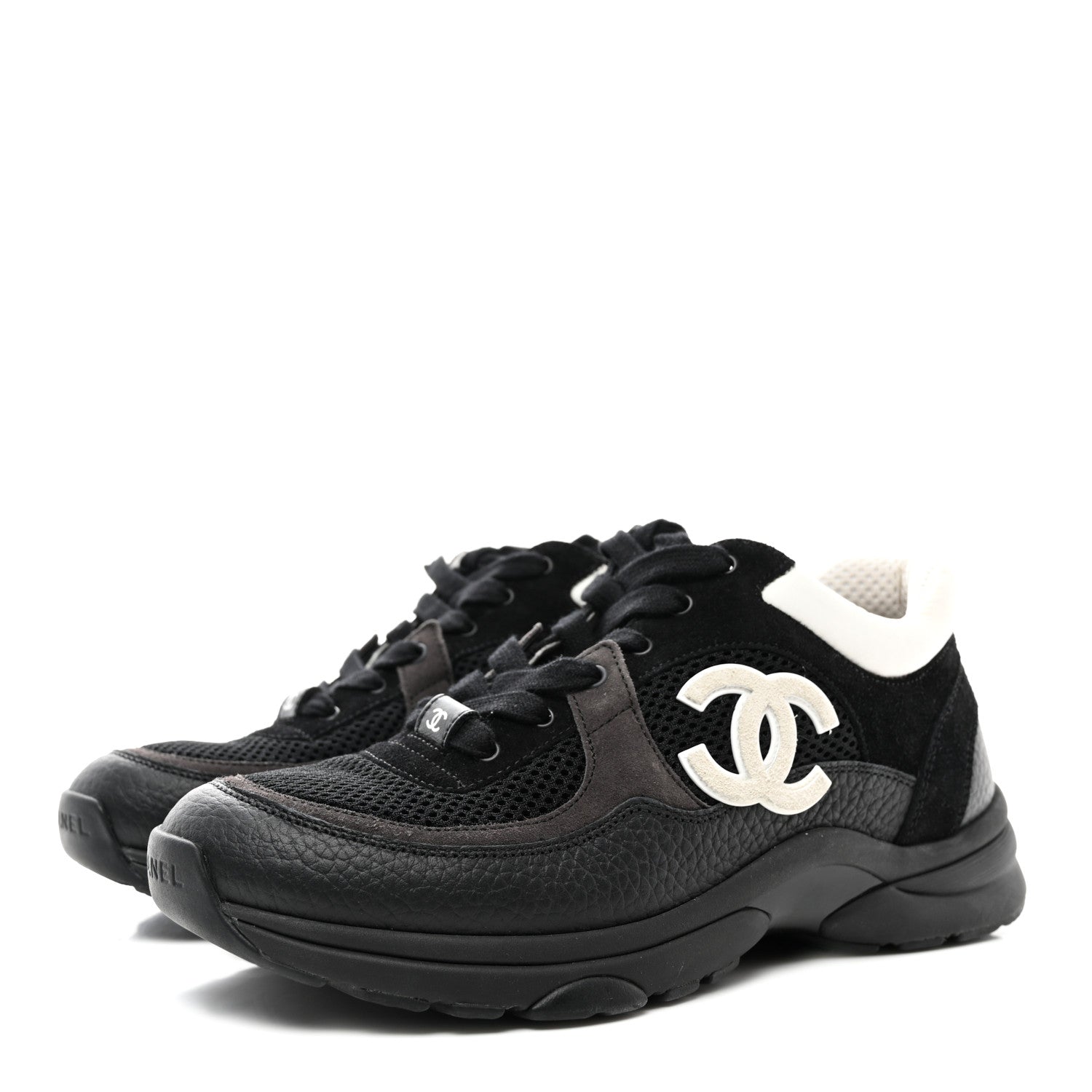 Chanel Mesh Suede Grained Calfskin Womens CC Sneakers 38 Black White 3 of 11