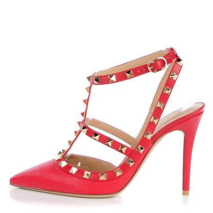 Valentino Garavani Pebbled Calfskin Rockstud Ankle Strap 100mm Pumps 37.5 Rosso Valentino 1 of 7