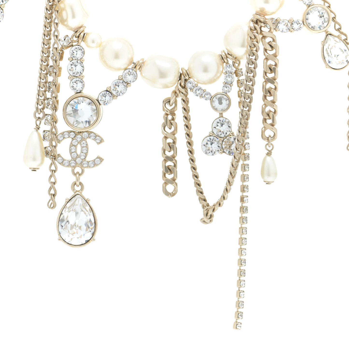Pearl Crystal CC Dangle Short Necklace Gold