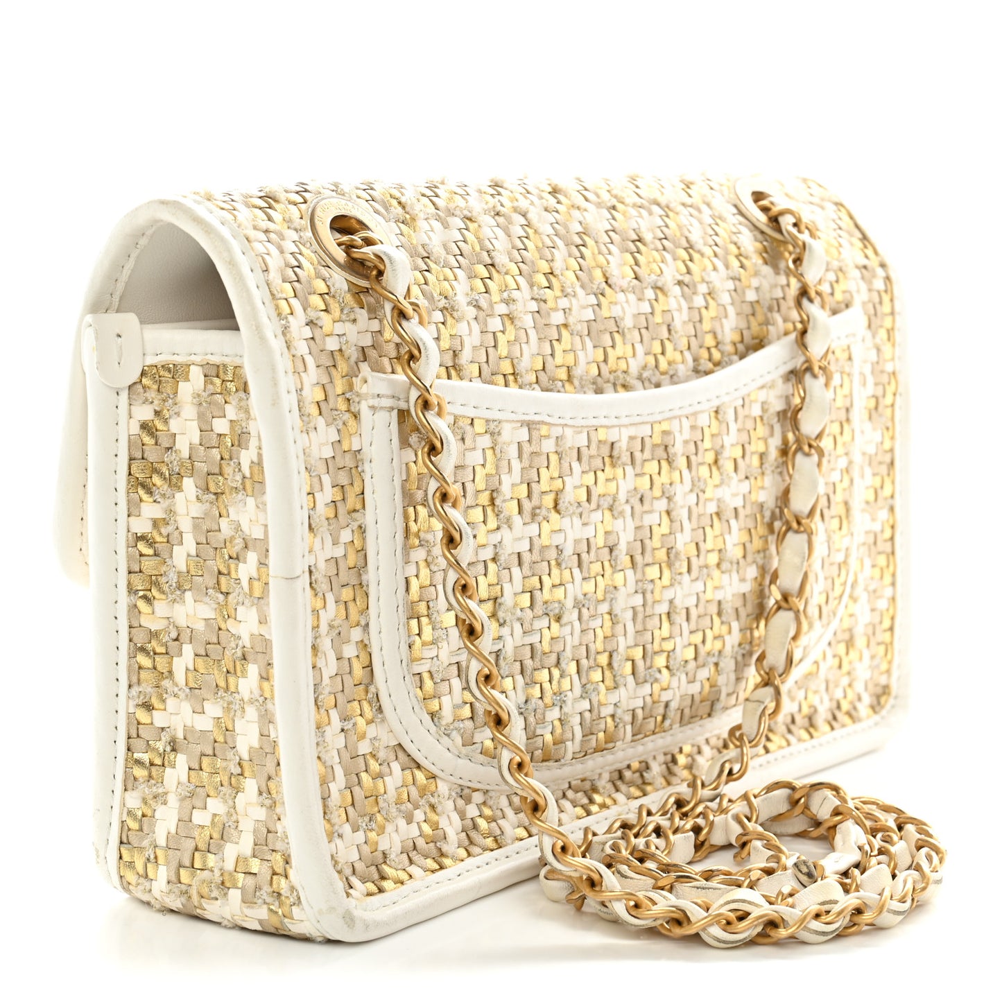 Metallic Lambskin Viscose Woven Flap Gold White