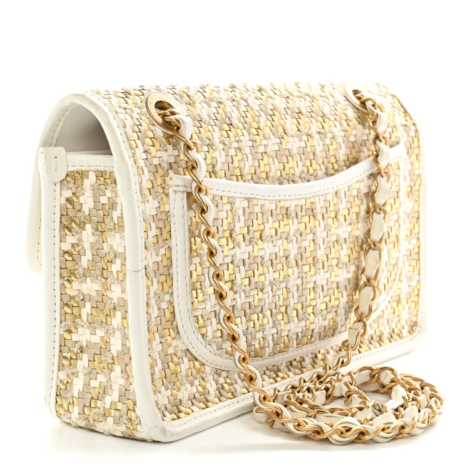 Chanel Metallic Lambskin Viscose Woven Flap Gold White 3 of 15