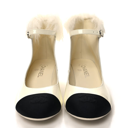 Chanel Patent Shearling Lambskin Grosgrain Cap Toe Mary Jane Low Heel Pumps 38.5 White Black 2 of 9