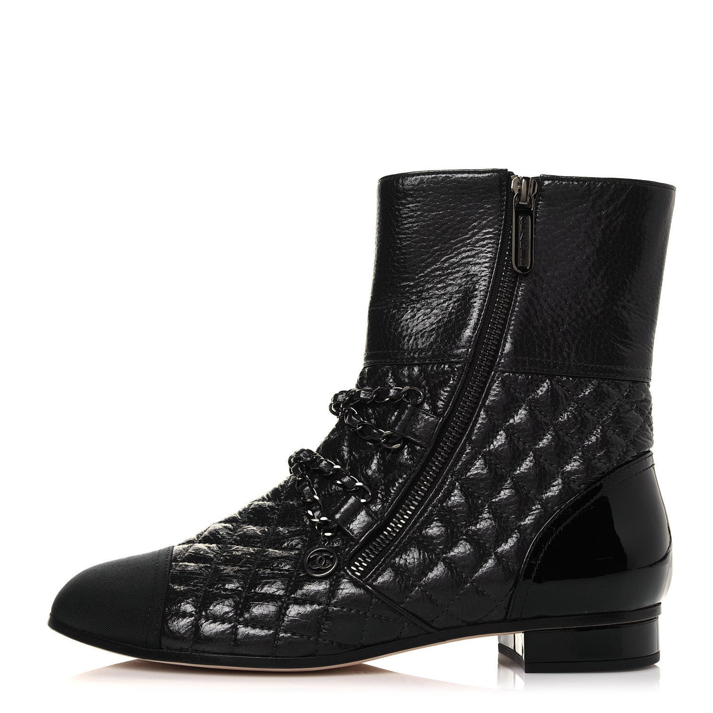 Glazed Deerskin Grosgrain Quilted Cap Toe Chain Boots 38.5 Grey Black