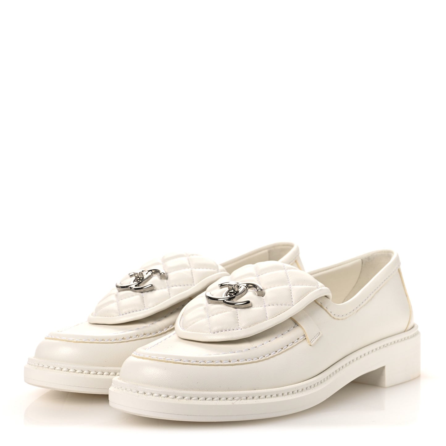 Shiny Lambskin Quilted CC Turnlock Loafers 37.5 White