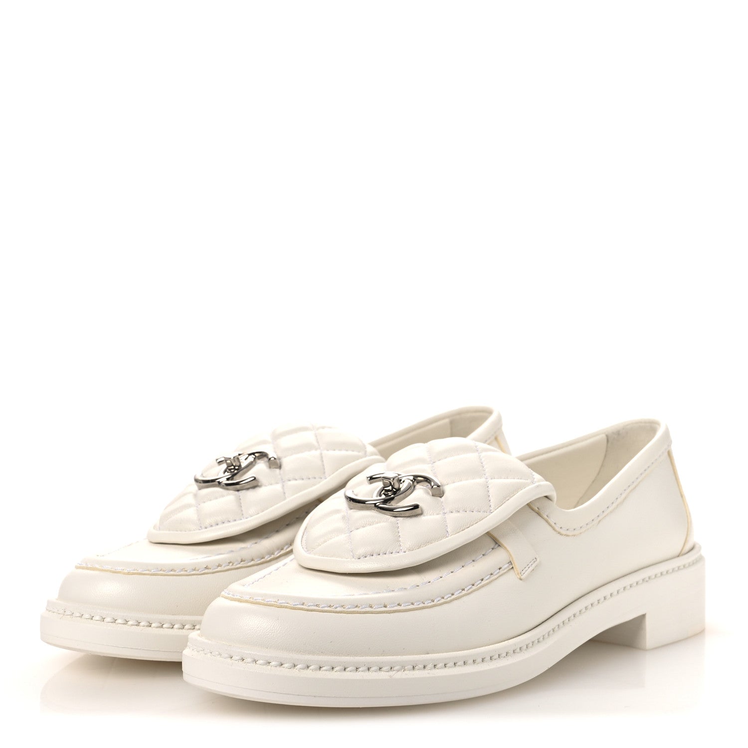 Chanel Shiny Lambskin Quilted CC Turnlock Loafers 37.5 White 4 of 12