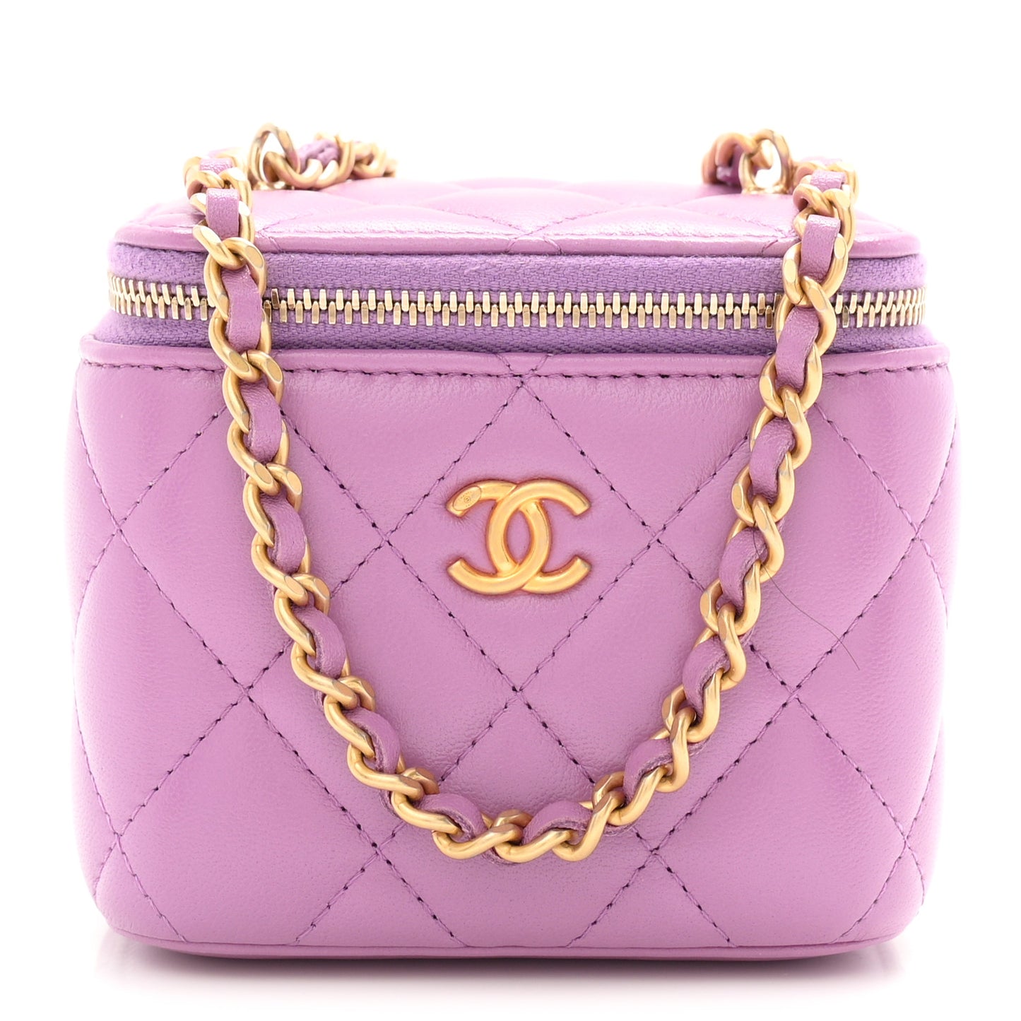 Lambskin Quilted Pearl Crush Mini Vanity Case With Chain Purple