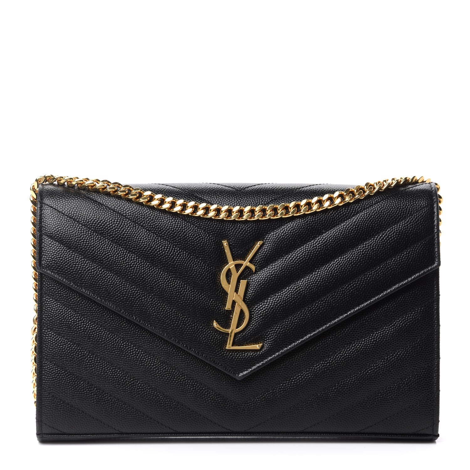 Saint Laurent Grain De Poudre Matelasse Chevron Monogram Chain Wallet Black 1 of 10