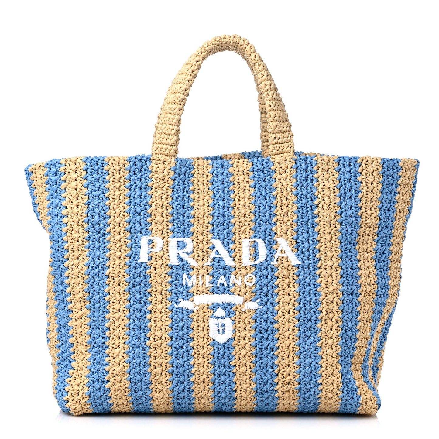 Yarn Raffia Effect Crochet Striped Large Logo Tote Naturale Celeste