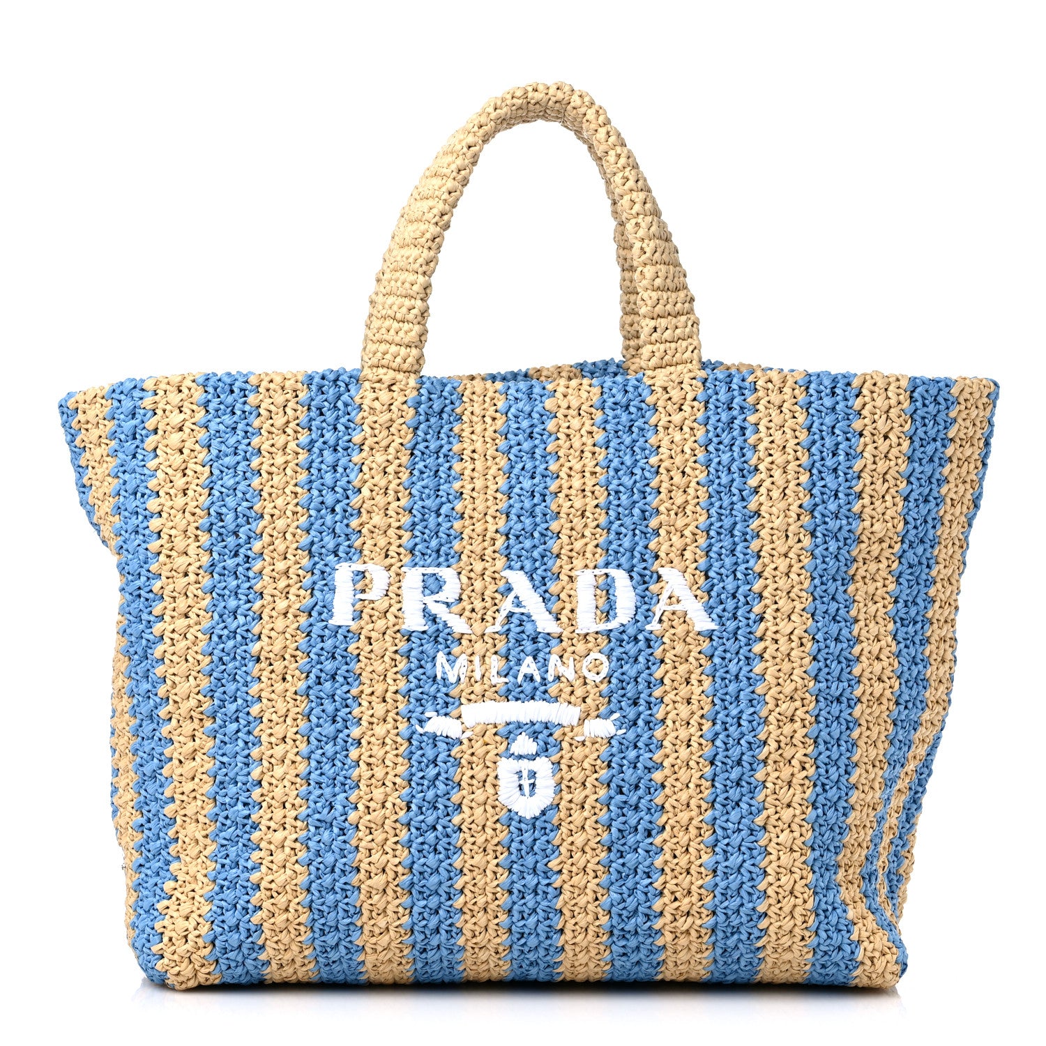 Prada Yarn Raffia Effect Crochet Striped Large Logo Tote Naturale Celeste 1 of 8