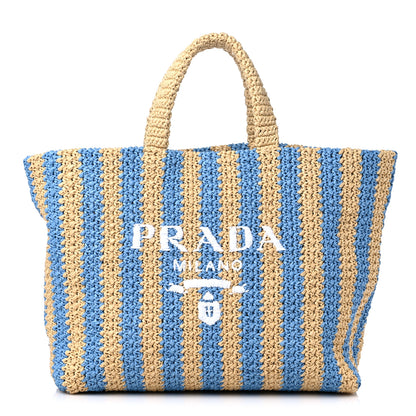 Prada Yarn Raffia Effect Crochet Striped Large Logo Tote Naturale Celeste 1 of 8