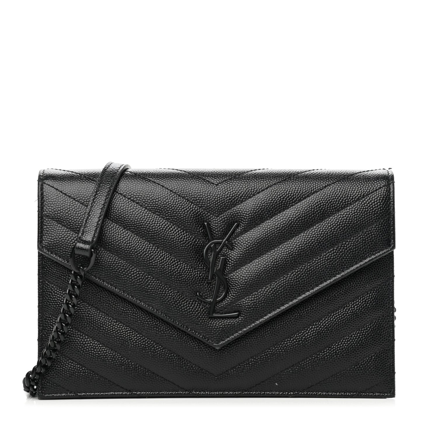 Grain De Poudre Matelasse Chevron Monogram Envelope Chain Wallet Black