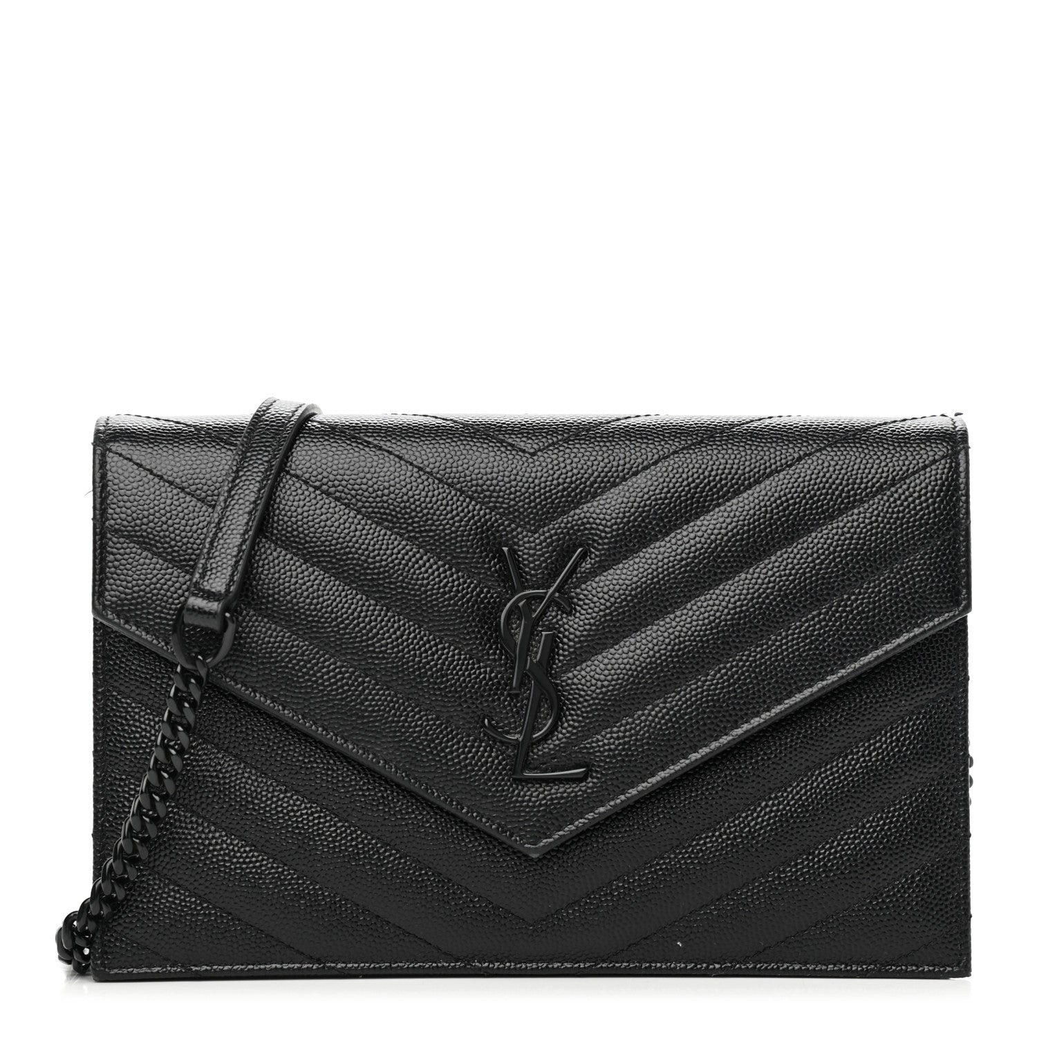 Saint Laurent Grain De Poudre Matelasse Chevron Monogram Monochrome Envelope Chain Wallet Black 1 of 13