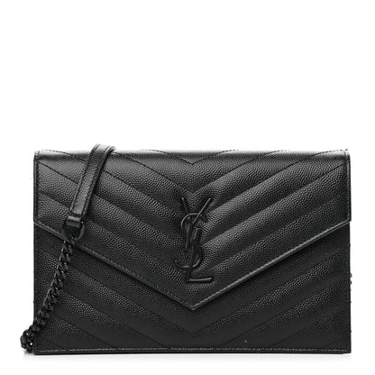 Saint Laurent Grain De Poudre Matelasse Chevron Monogram Monochrome Envelope Chain Wallet Black 1 of 13
