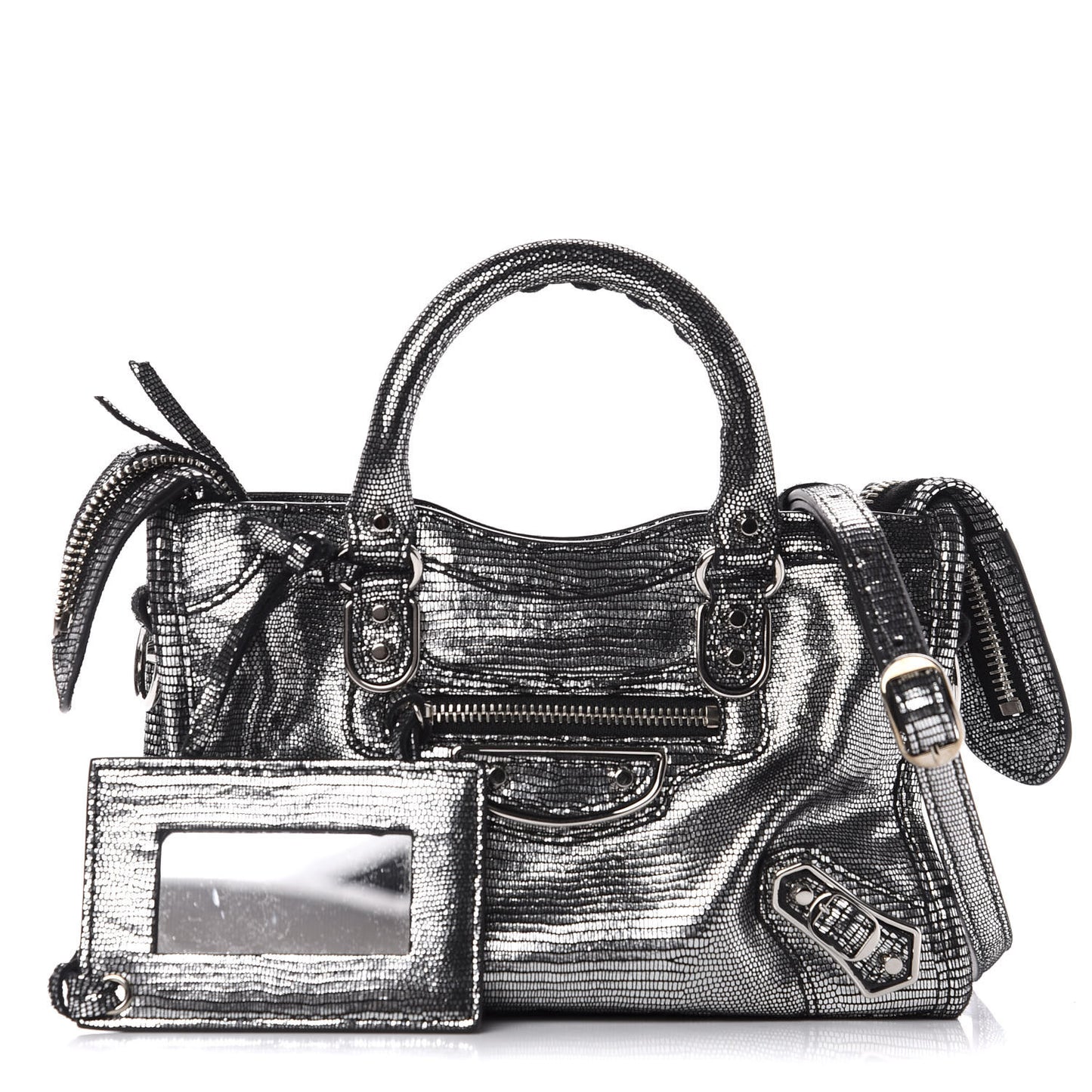 Metallic Calfskin Lizard Embossed Silver Metallic Edge Hardware Nano City Silver