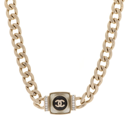 Chanel Metal Glass Pearl Strass CC Pendant Necklace Black Gold 1 of 6