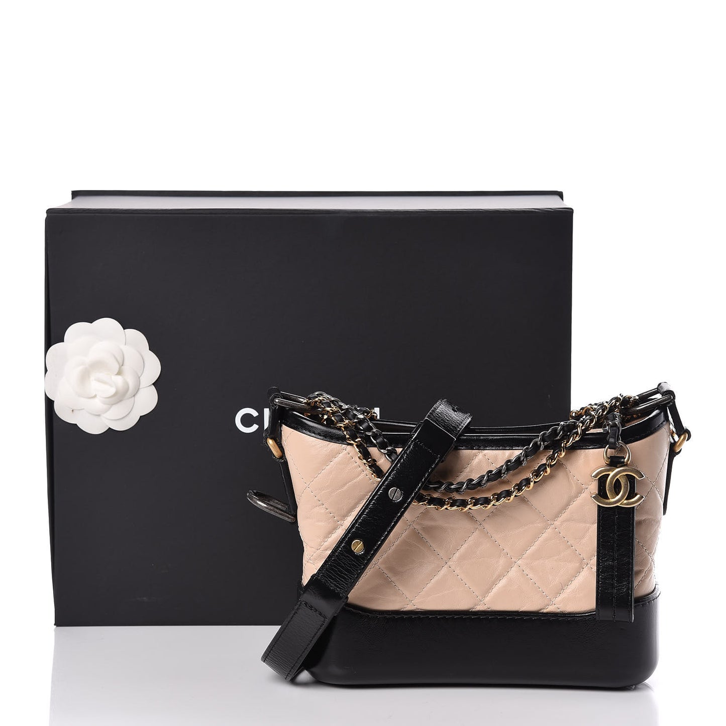 Aged Calfskin Quilted Small Gabrielle Hobo Beige Black