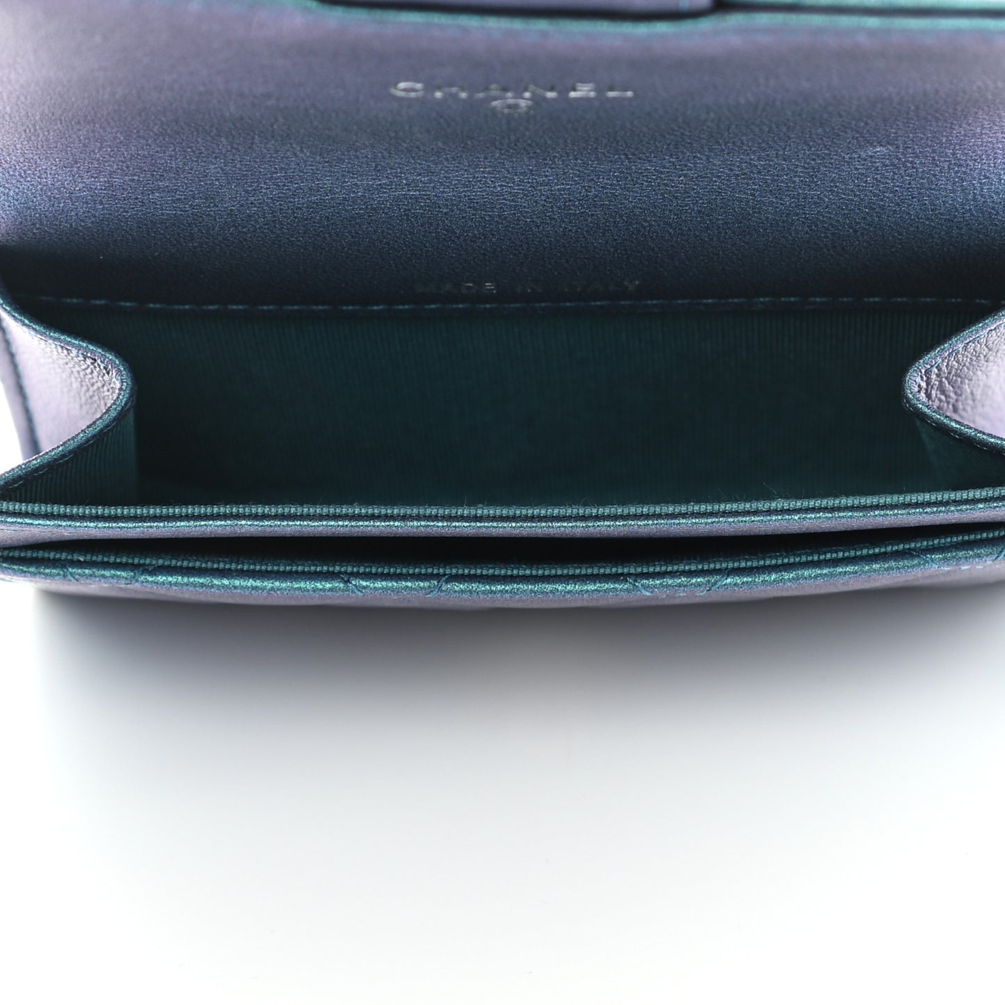 Iridescent Lambskin Quilted Flap Card Holder Turquoise