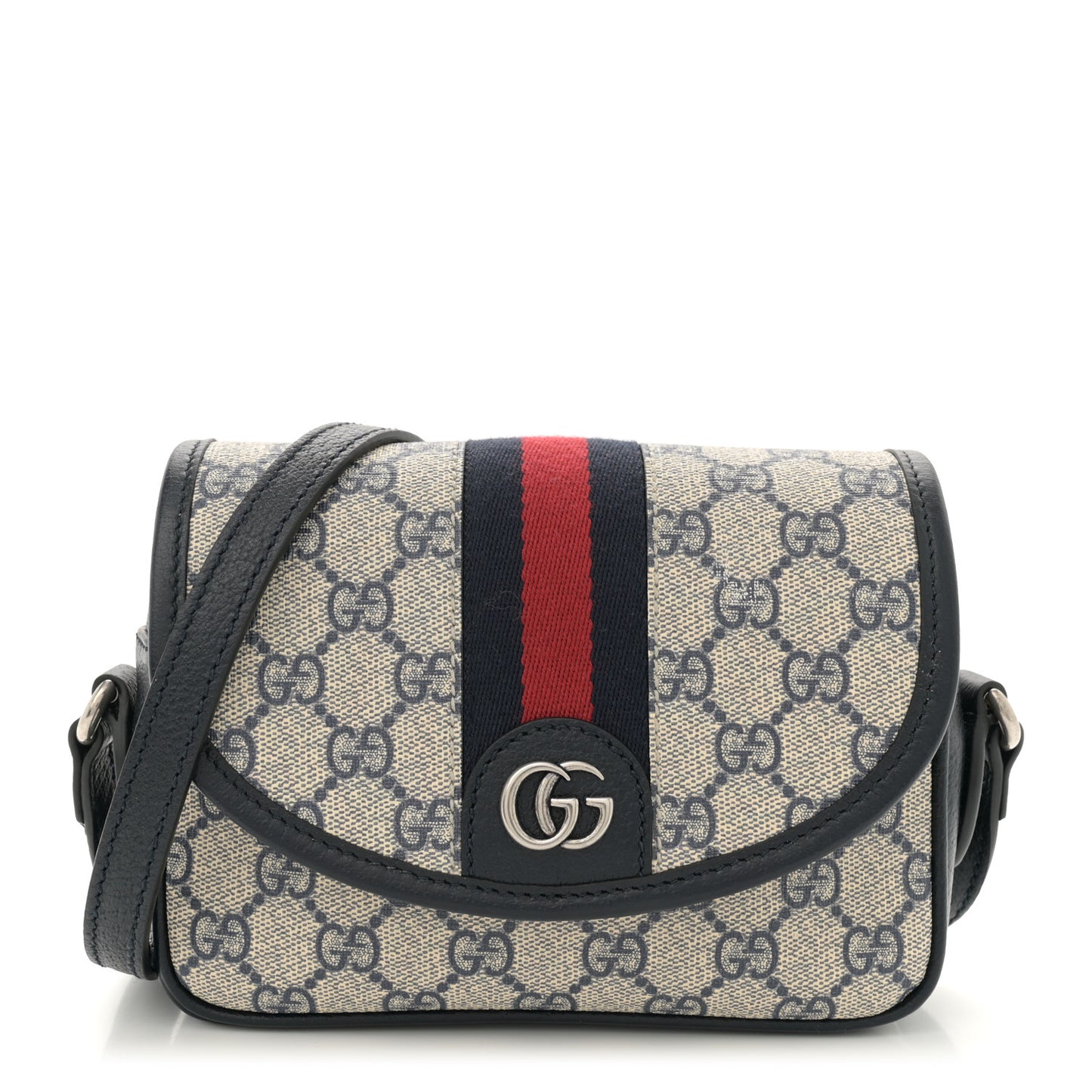 GG Supreme Monogram Textured Dollar Calfskin Mini Ophidia Flap Shoulder Bag Beige Blue