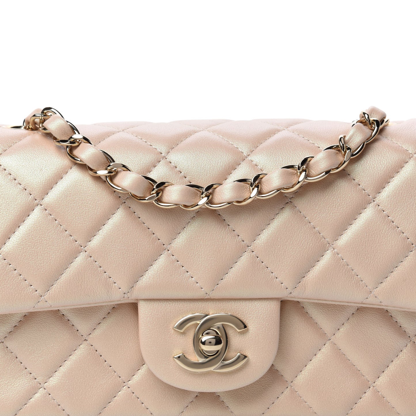 Iridescent Calfskin Quilted Mini Rectangular Flap Beige
