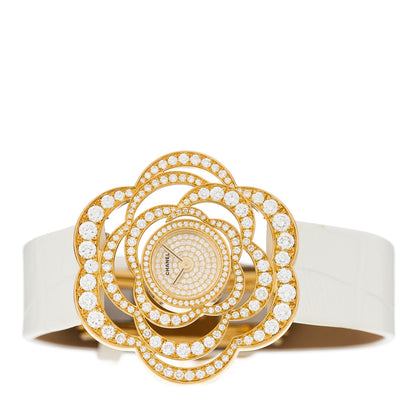 Chanel 18K Yellow Gold Alligator Diamond 37mm Camelia Quartz Watch 2 of 5