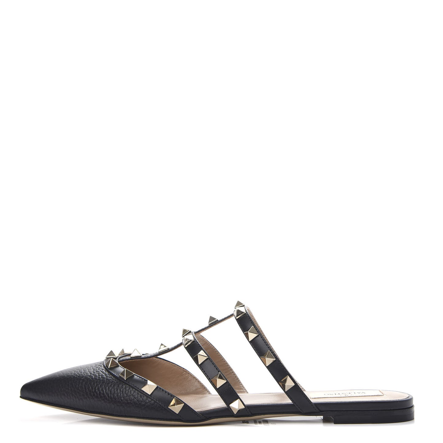 Pebbled Calfskin Rockstud Flat Cage Mules 38.5 Black