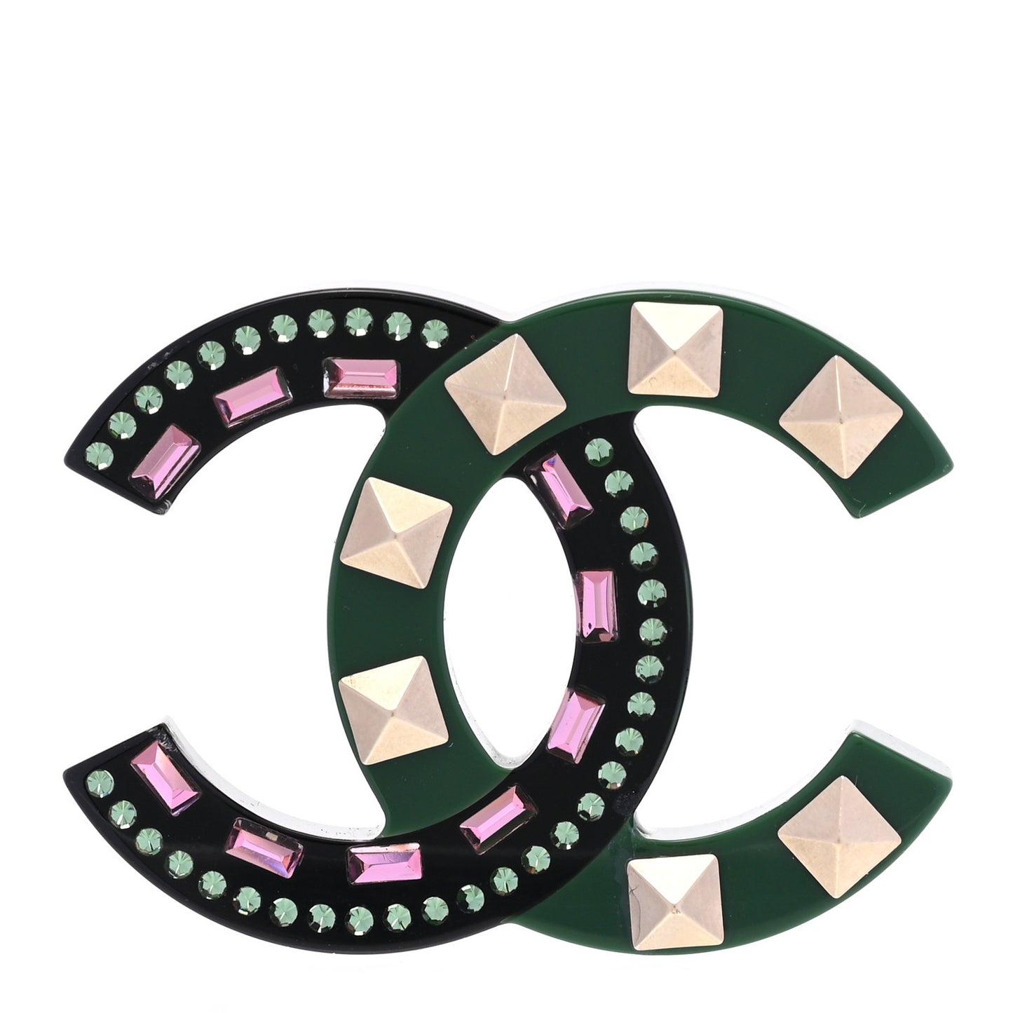 Resin Crystal Studded CC Brooch Green Multicolor
