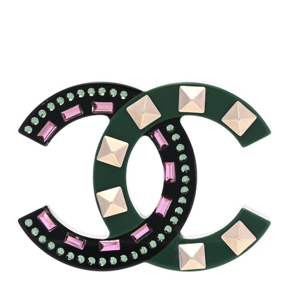 Chanel Resin Crystal Studded CC Brooch Green Multicolor 1 of 4