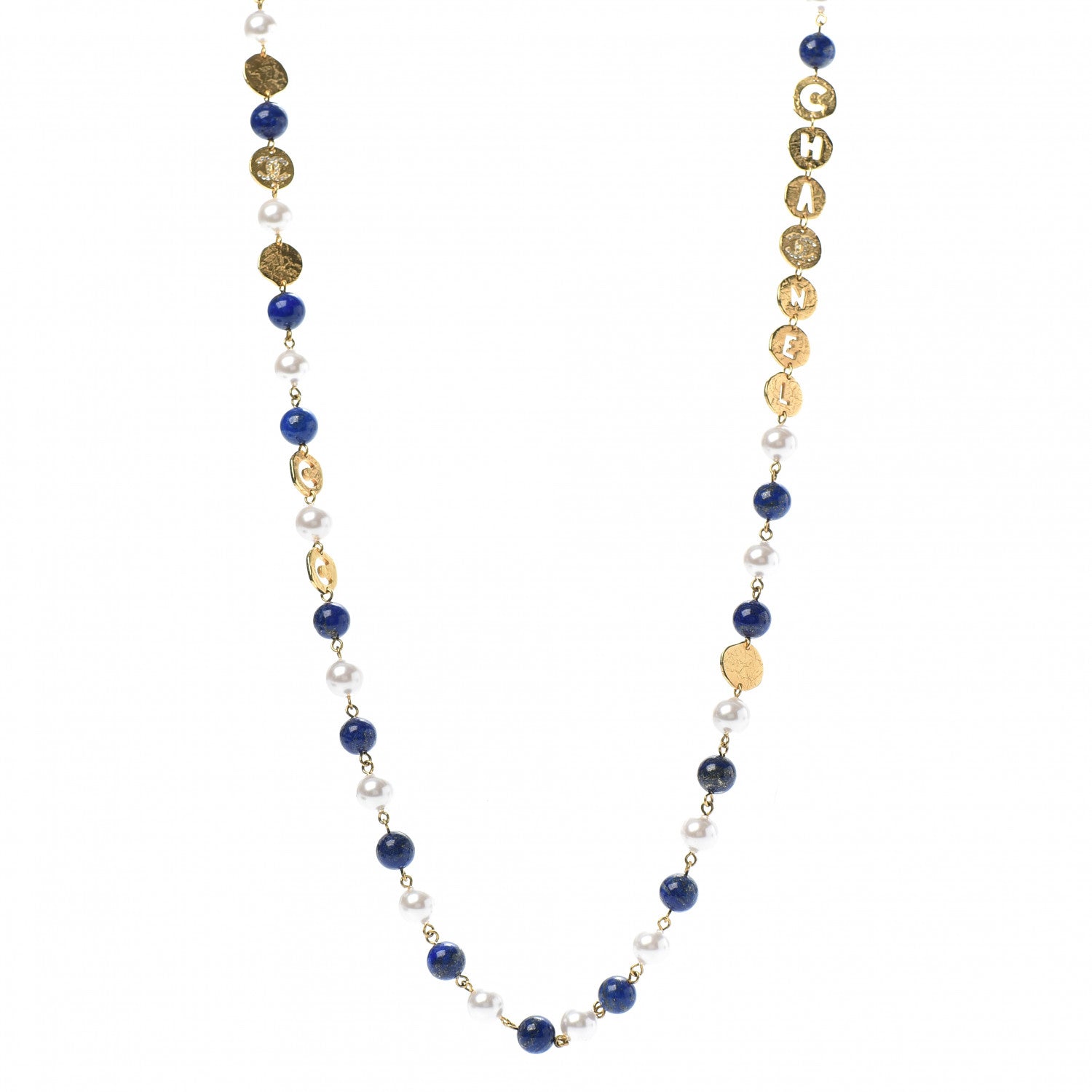 Chanel Pearl Beaded CC Long Necklace Gold Blue 1 of 4