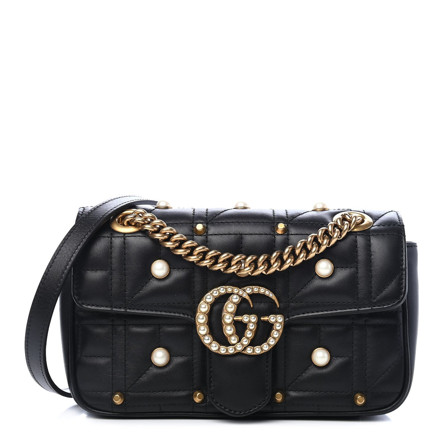 Calfskin Matelasse Studded Mini Pearly GG Marmont Shoulder Bag Black