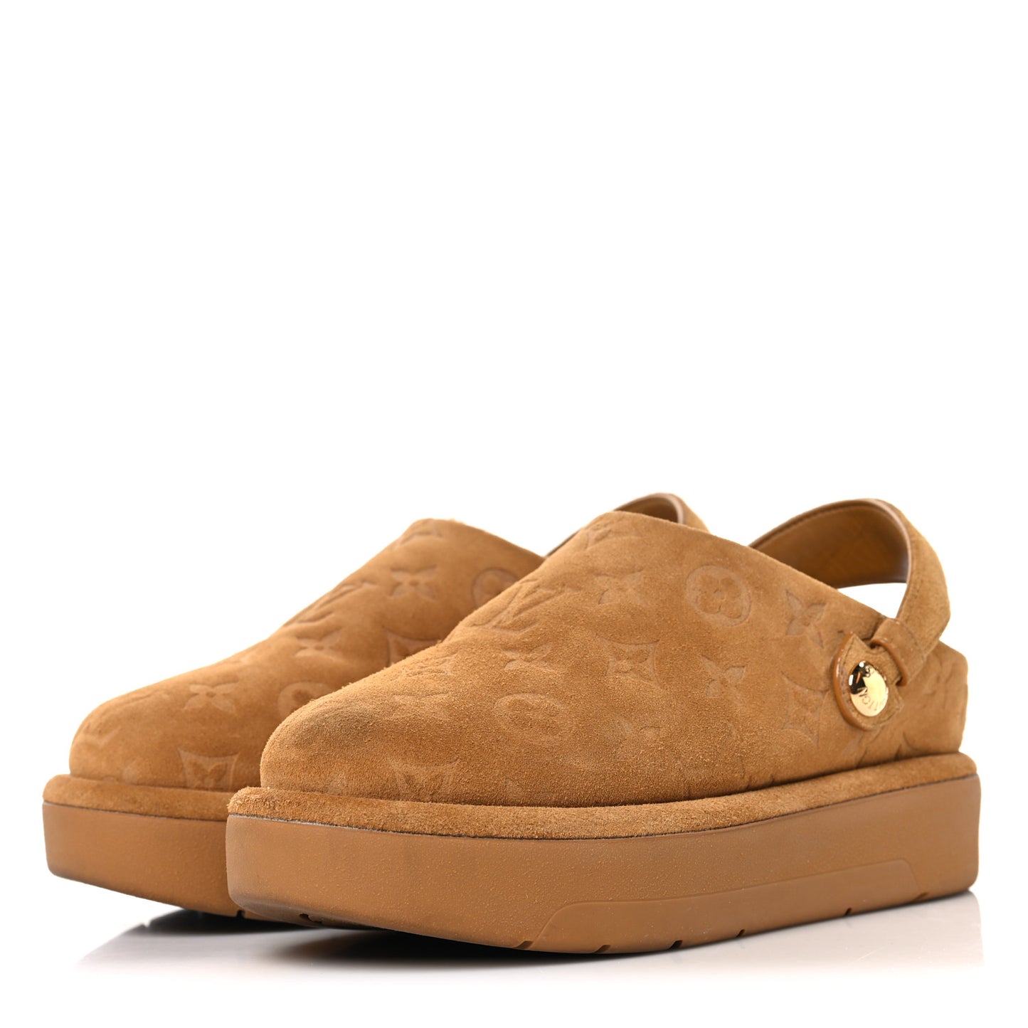 Suede Calfskin Embossed Monogram Aspen Platform Clog Mules 37 Cognac Brown
