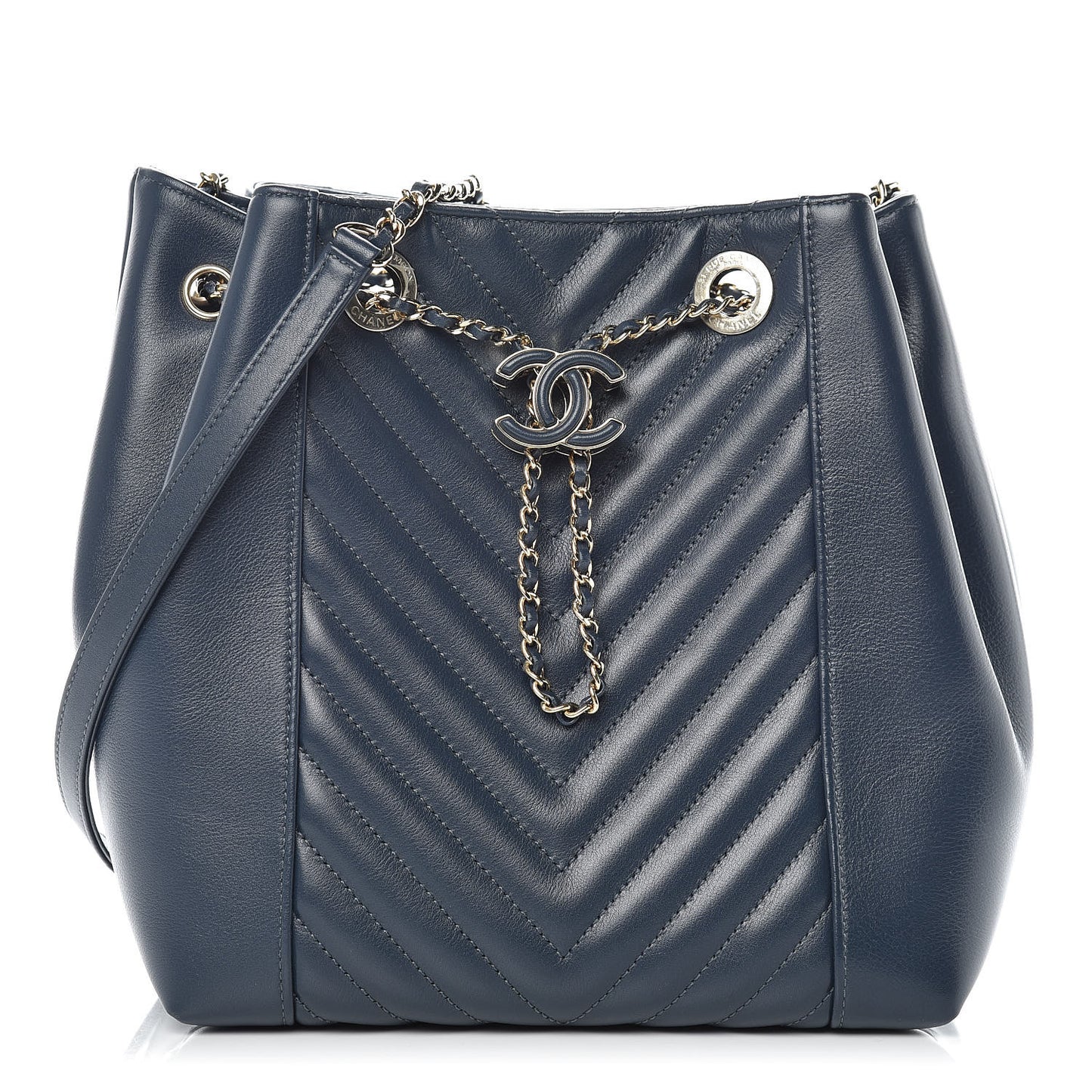 Calfskin Chevron CC Chain Bucket Drawstring Bag Navy Blue