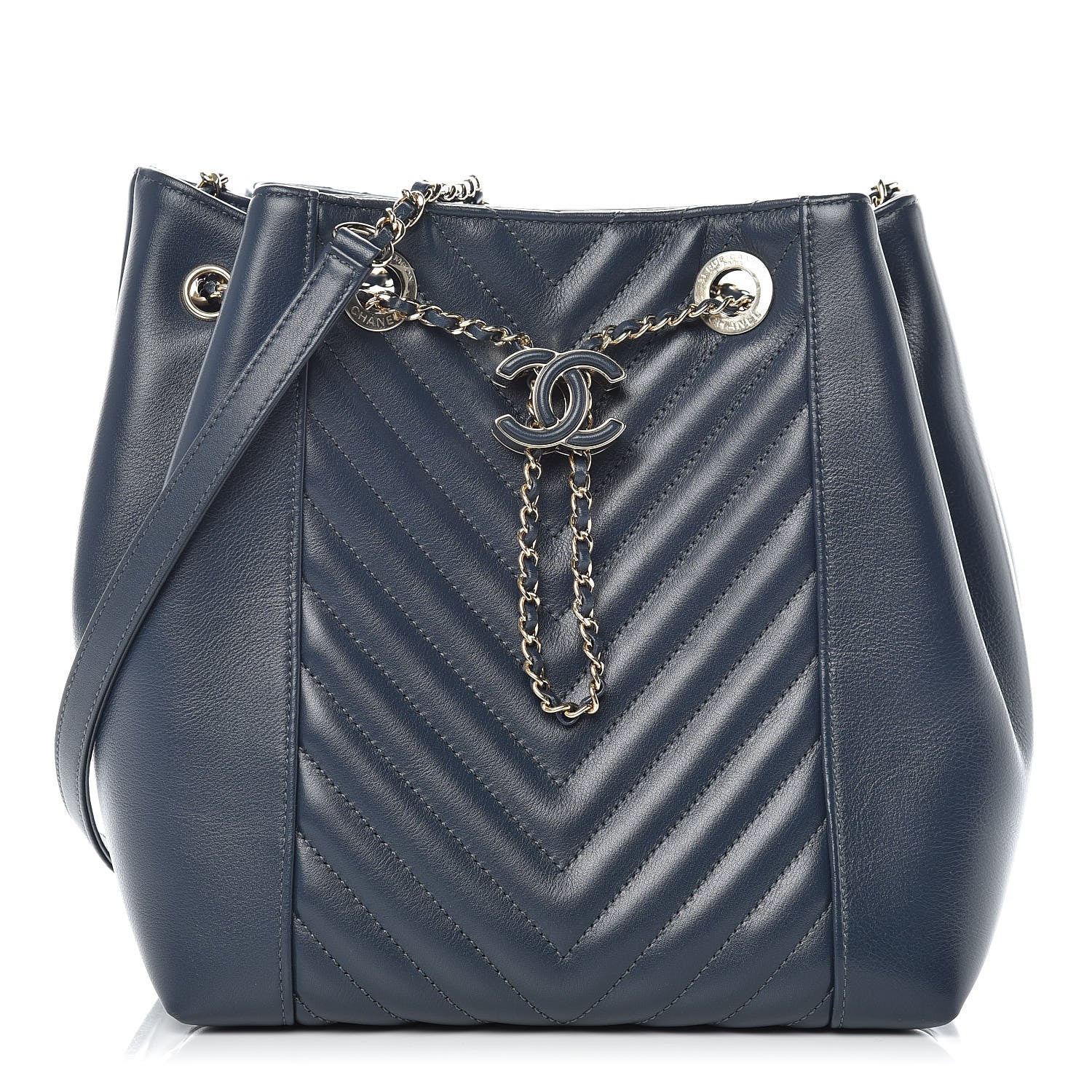 Chanel Calfskin Chevron CC Chain Bucket Drawstring Bag Navy Blue 1 of 9