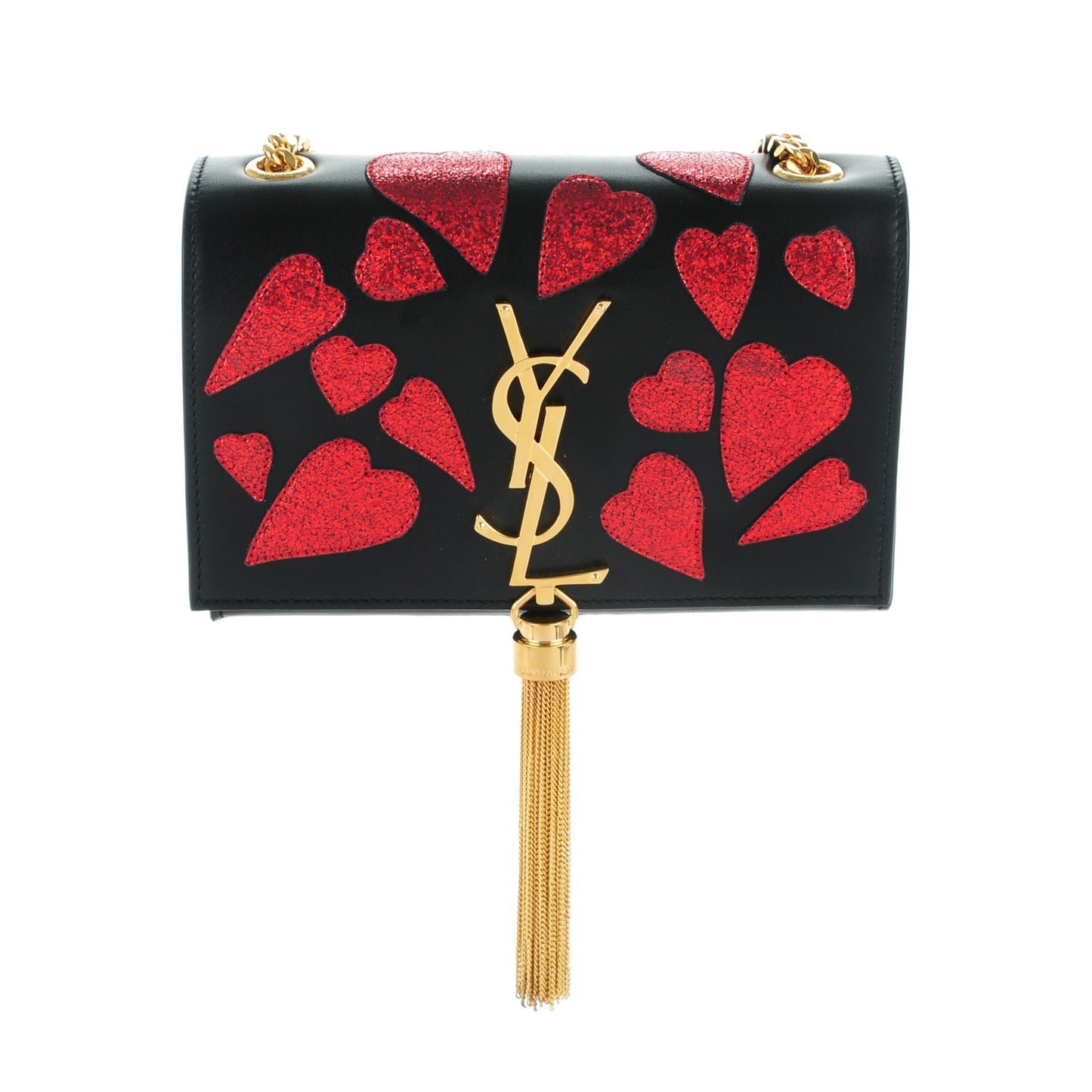 Calfskin Small Monogram Kate Tassel Heart Satchel Black Rouge
