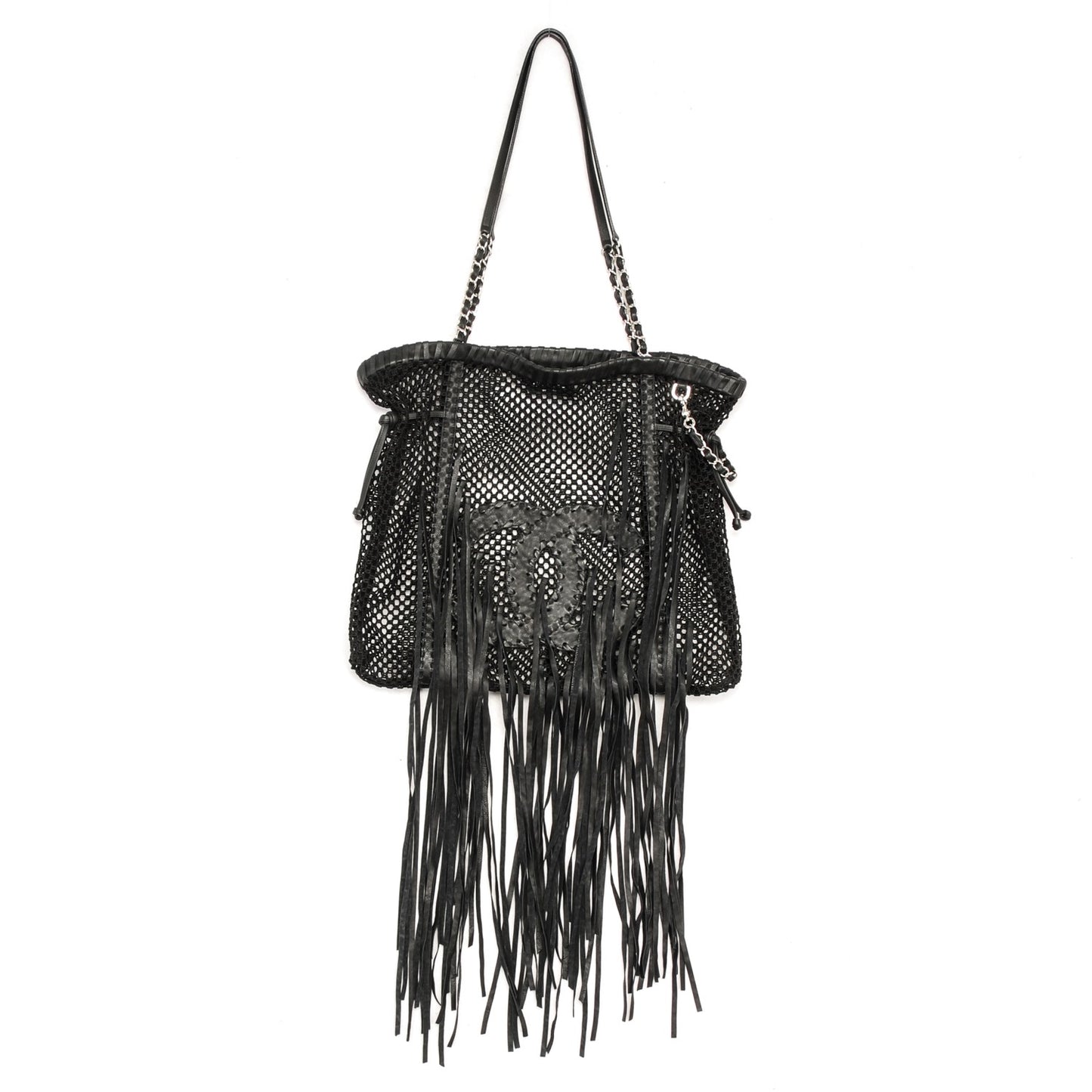 Calfskin Fringe La Madrague Large Tote Black