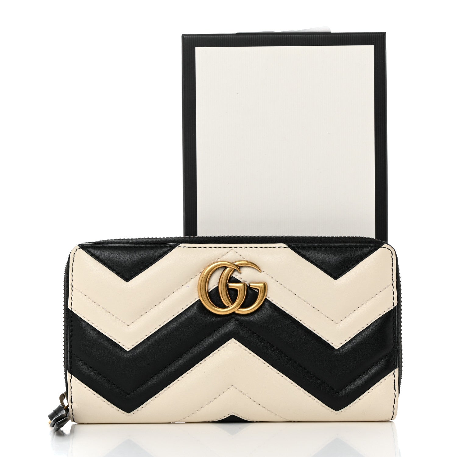 Gucci Calfskin Matelasse GG Marmont Zip Around Wallet Black White 10 of 10