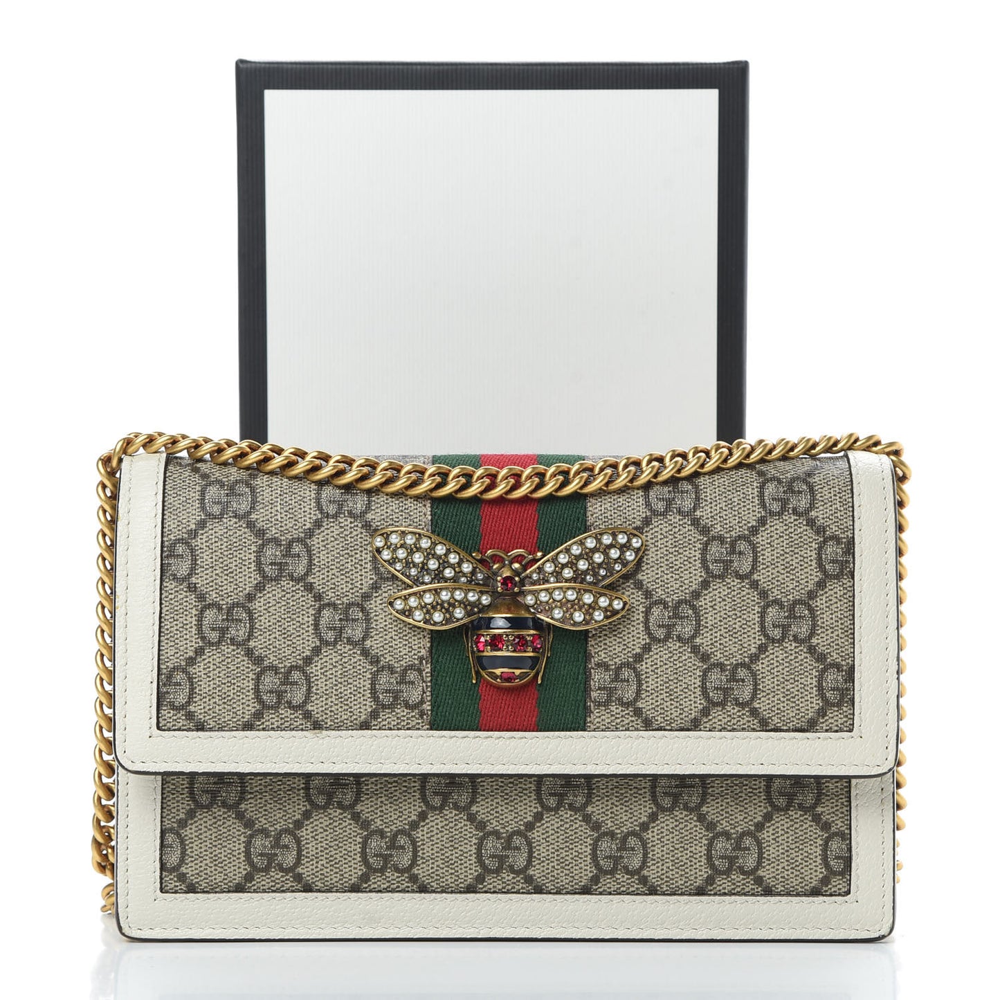 GG Supreme Monogram Web Queen Margaret Chain Wallet White