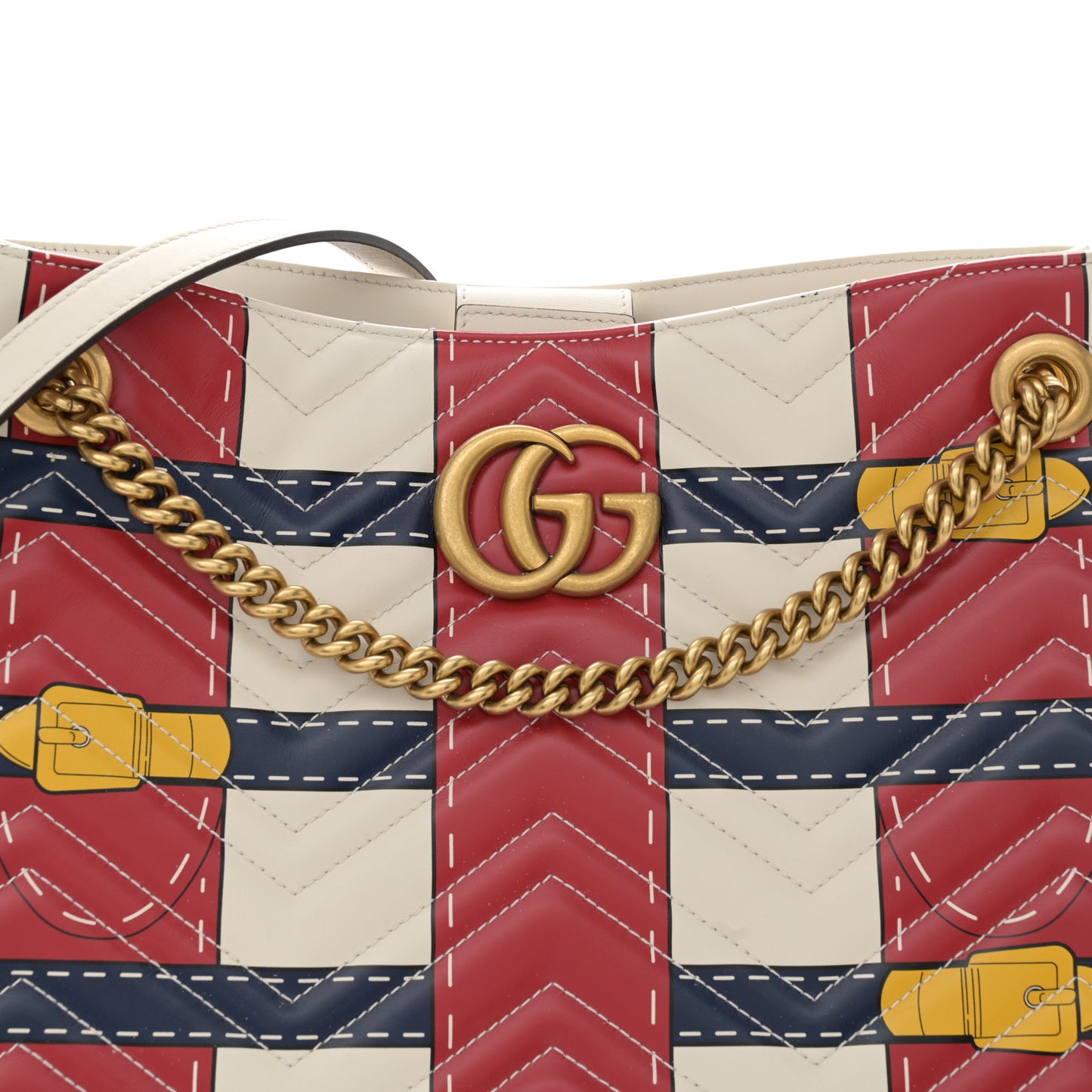 Calfskin Matelasse Trompe L'Oeil Print Medium GG Marmont Shoulder Tote Mystic White Hibiscus Red Marine Giallo